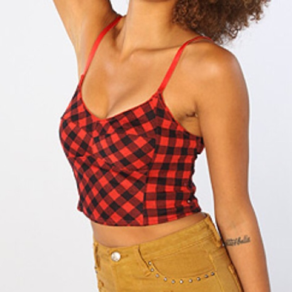 Free People Bustier Plaid Crop Top Black Red XS